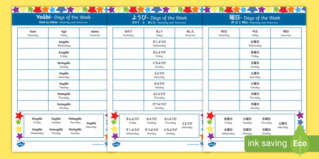 Days Of The Week Yesterday And Tomorrow Worksheet Japanese