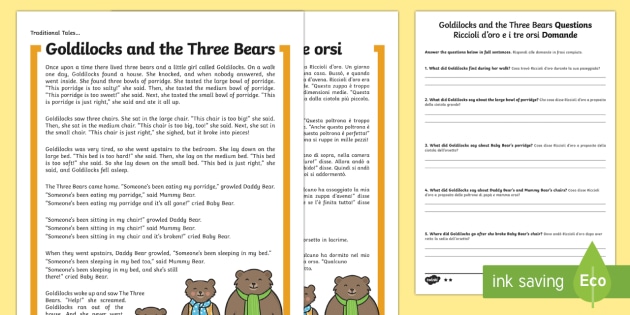 Goldilocks And The Three Bears Differentiated Reading