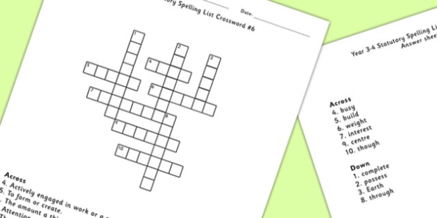 Year 3-4 Statutory Spelling List Crossword 6 (teacher made)