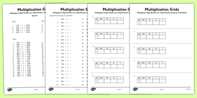 multiplying 4 digit numbers by 1 digit numbers using grid method worksheet