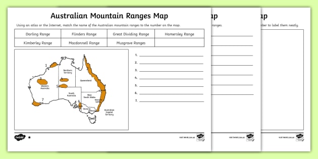 Australian Mountain Ranges Map Worksheet (teacher made)