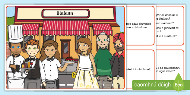 The Restaurant Aistear Scene and Question Cards Gaeilge