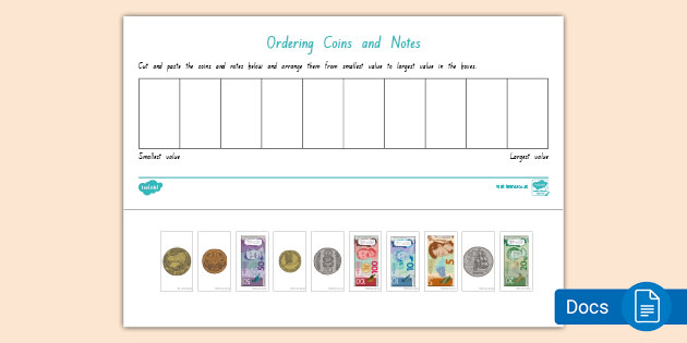 free nz ordering coins and notes worksheet and google doc