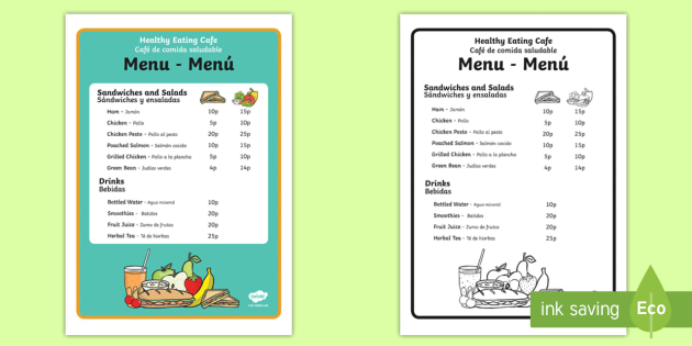  Healthy  Eating Cafe Role Play Menu  English  Spanish 