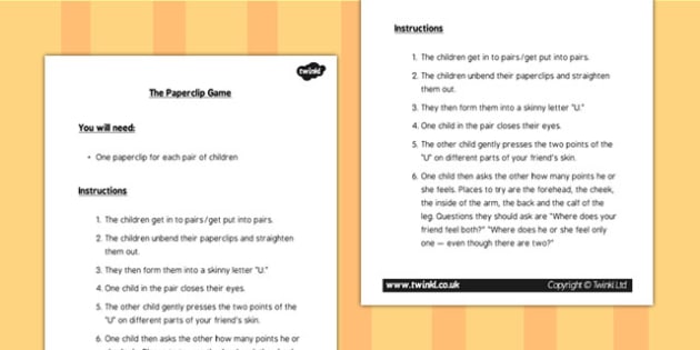 KS1 Science Senses Touch Paperclip Game Instructions Sense Game