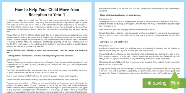 Supporting Your Child Moving to Year 1 Parent and Carer