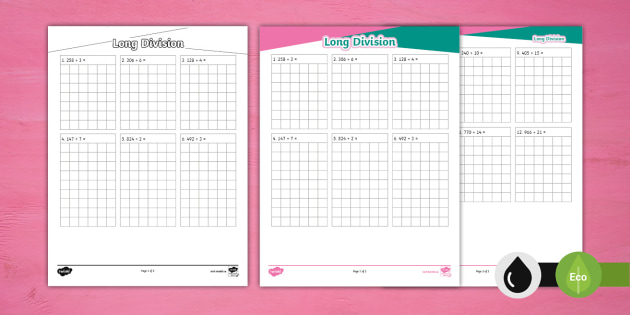 Division of 2 and 3 Digit Numbers by 1 Digit Numbers for Long Division Template Printable Free Pdf