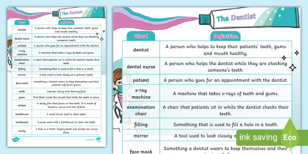 The Dentist Key Word Vocabulary and Definition Word Mat