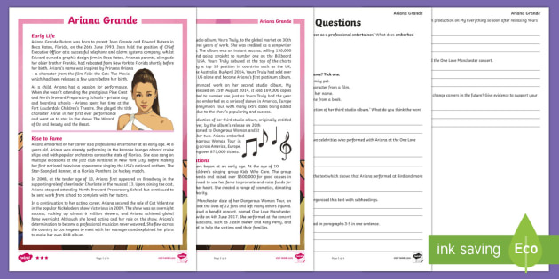 UKS2 Ariana Grande Differentiated Reading Prehension