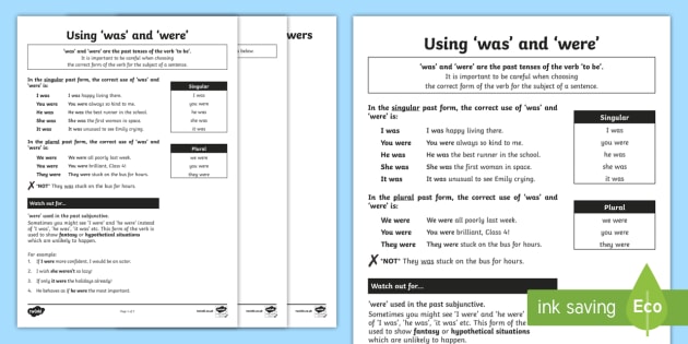 Was and Were Rules and Quiz Worksheet Worksheet 