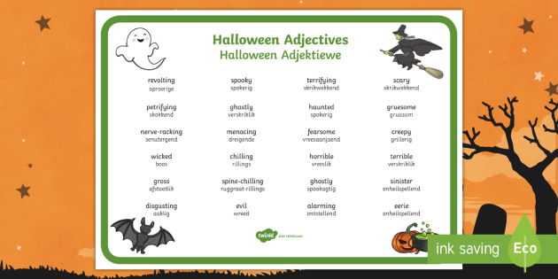 halloween-adjectives-word-mat-afrikaans-english