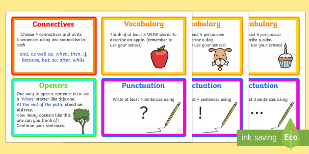 Vocabulary Connectives Openers And Punctuation Challenge Cards Vcop