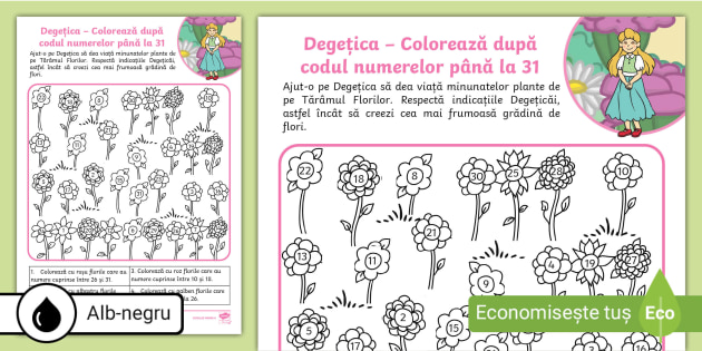 Degețica – Colorează după codul numerelor până la 31