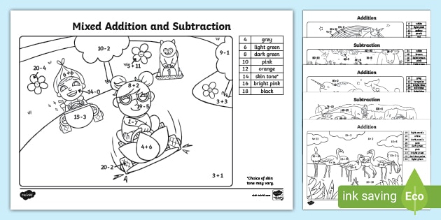 addition and subtraction colour by number worksheets