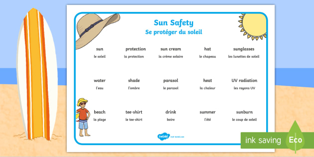 sun safety word mat english  french