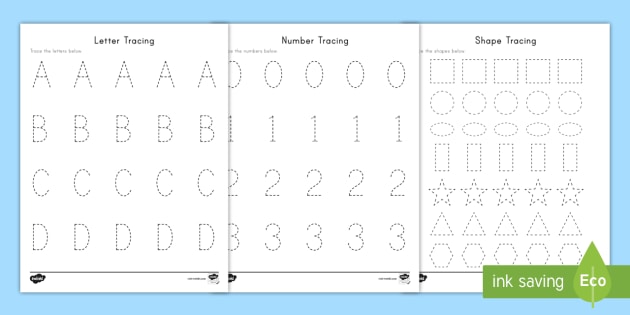 Letters, Numbers, and Shapes Free Tracing Worksheets