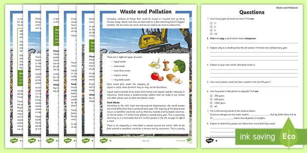 uks2 differentiated waste and pollution reading comprehension activity