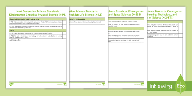 Next Generation Science Standards Kindergarten Checklist