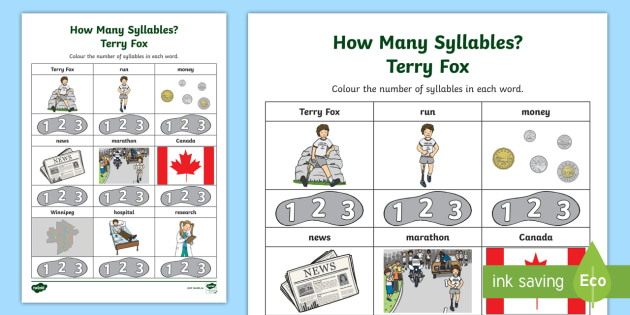 How Many Syllables Terry Fox Worksheet