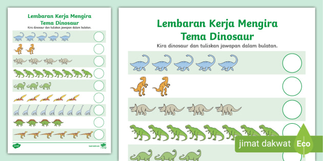 Lembaran Kerja Matematik Mengira hingga 10  Tema Dinosaur