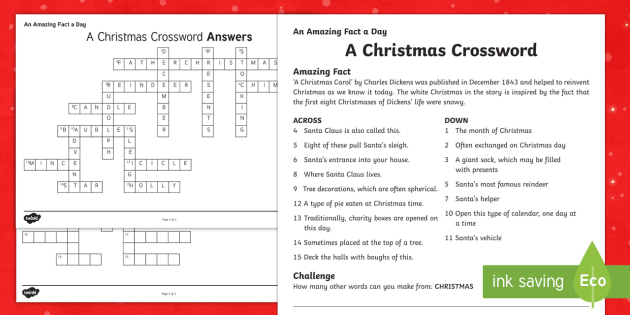 Christmas Crossword For Kids Clue Worksheet