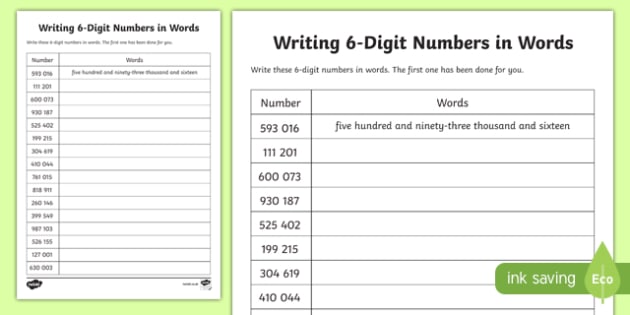 Writing 6 Digit Numbers In Words Teacher made Worksheet