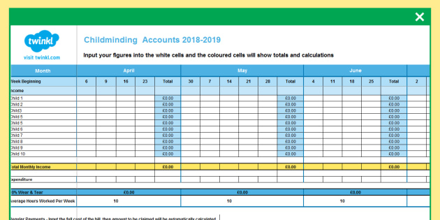 childminder small setting weekly accounts spreadsheet accounts spreadsheet