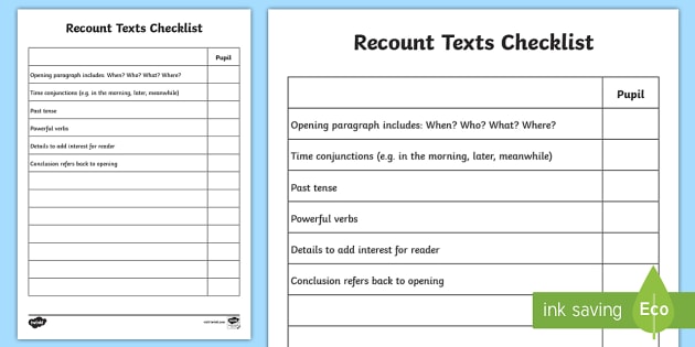 recount writing checklist english resources