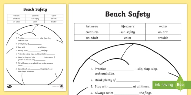 beach safety cloze worksheet teacher made