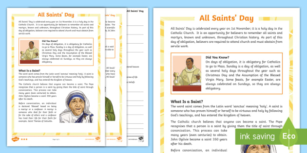 All Saints Day Reading Comprehension | Australian Resource