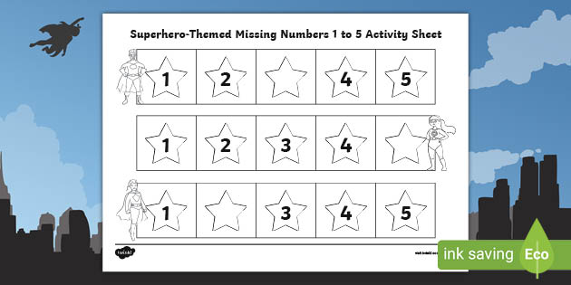 superhero themed missing numbers 1 to 5 worksheet