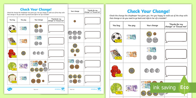 check your change money maths worksheet primary resource ks2