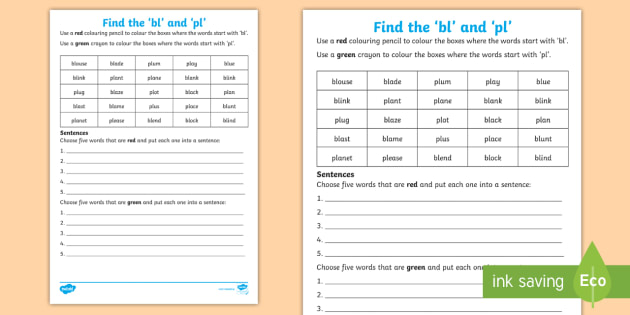 Find the 'bl' and 'pl' Worksheet (teacher made)