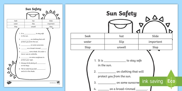 sun safety cloze worksheet sun safety teacher worksheets