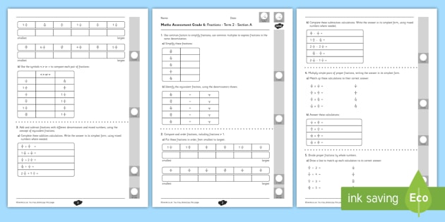 Fractions Term 2 Test - Math (teacher made)
