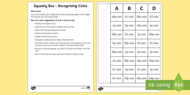 Squashy Boxes Recognising Coins Craft
