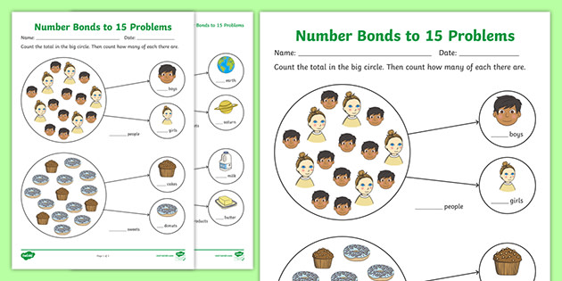 number bonds to 15 problems worksheet