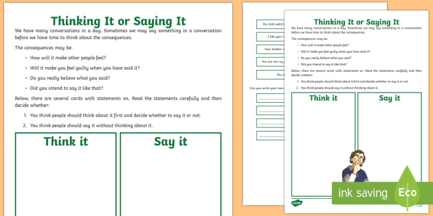 Thinking It Or Saying It Worksheet (Teacher-Made) - Twinkl