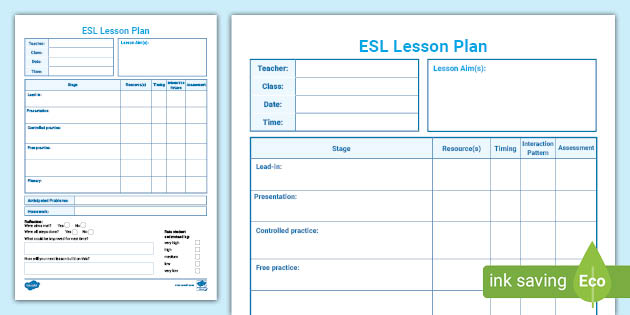 FREE Lesson Plan Template For ESL ESL Primary Resources