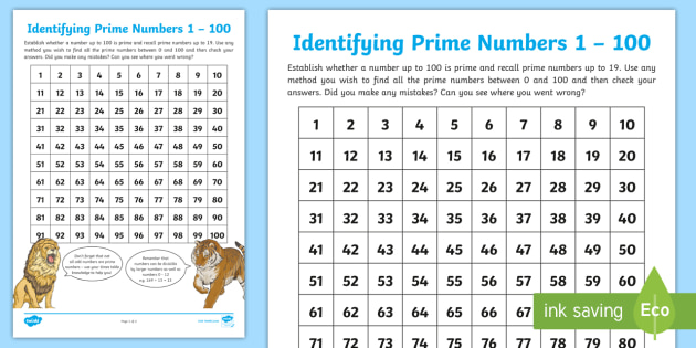 Prime Number Table Worksheet - Prime Numbers to 100 - KS2