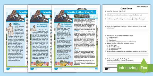 UKS2 Martin Luther King Differentiated Reading Comprehension Activity