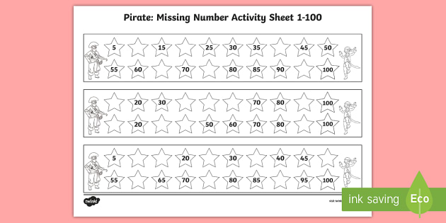 pirate themed missing numbers worksheet 1 to 100