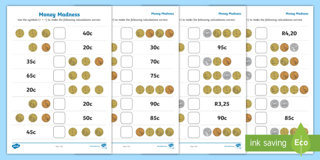 money madness worksheet money greater than smaller