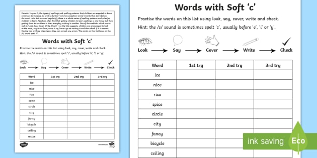 Year 2 Spelling Practice Soft C Homework Worksheet