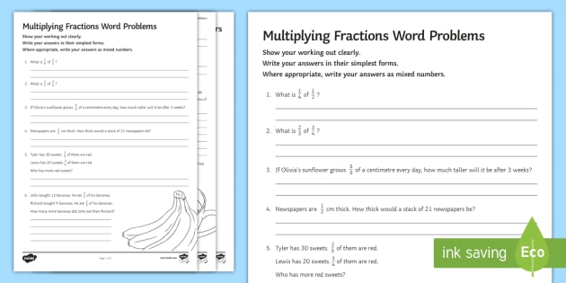 Multiplying Fractions Word Problems Worksheet / Worksheet - worksheet