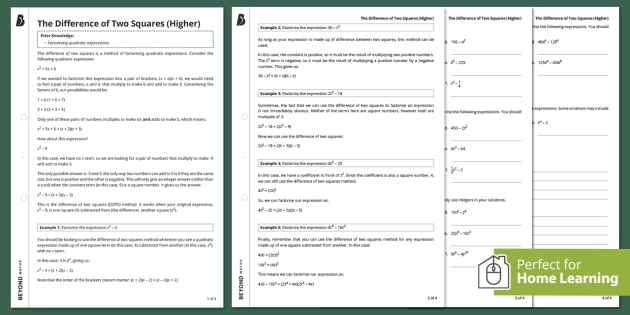 the-difference-of-two-squares-higher-walkthrough-worksheet