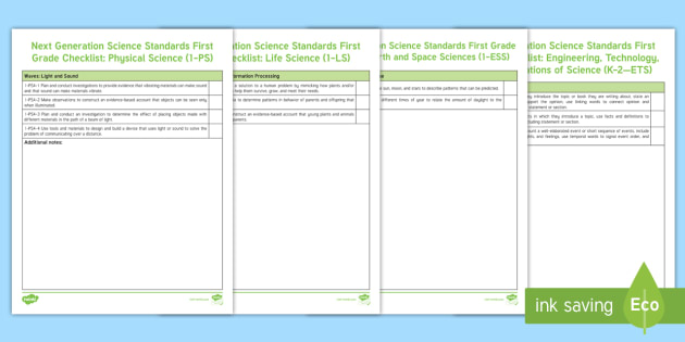 Next Generation Science Standards First Grade Checklist