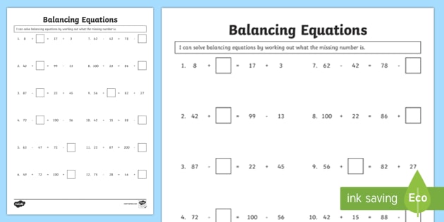 Balance Equations Using Missing Numbers Worksheet