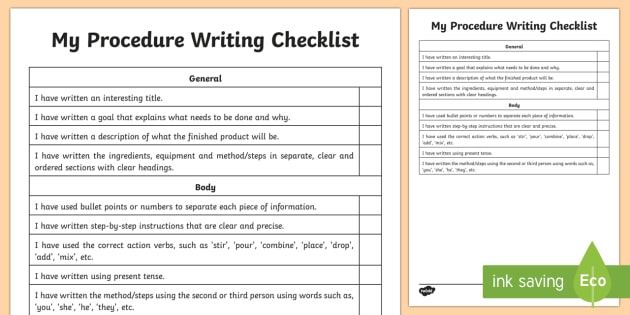 Procedure Writing Student Checklist - Literacy, Procedure 