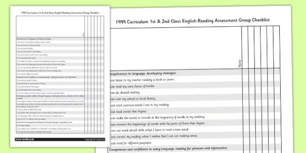 1999 Curriculum 1st & 2nd Class English Reading Assessment Group Checklist